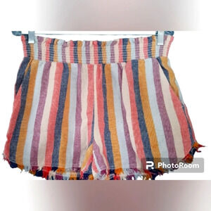 True Craft Linen Blend Striped Pull On Shorts Size Small Fringe Trim